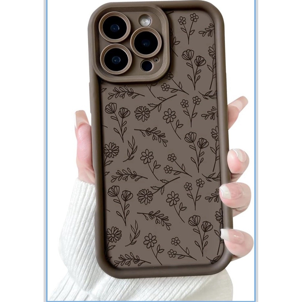 D0043-iPhone 16 Pro Case Coffee Brown Floral Shockproof Cover 6.3 inch 2024